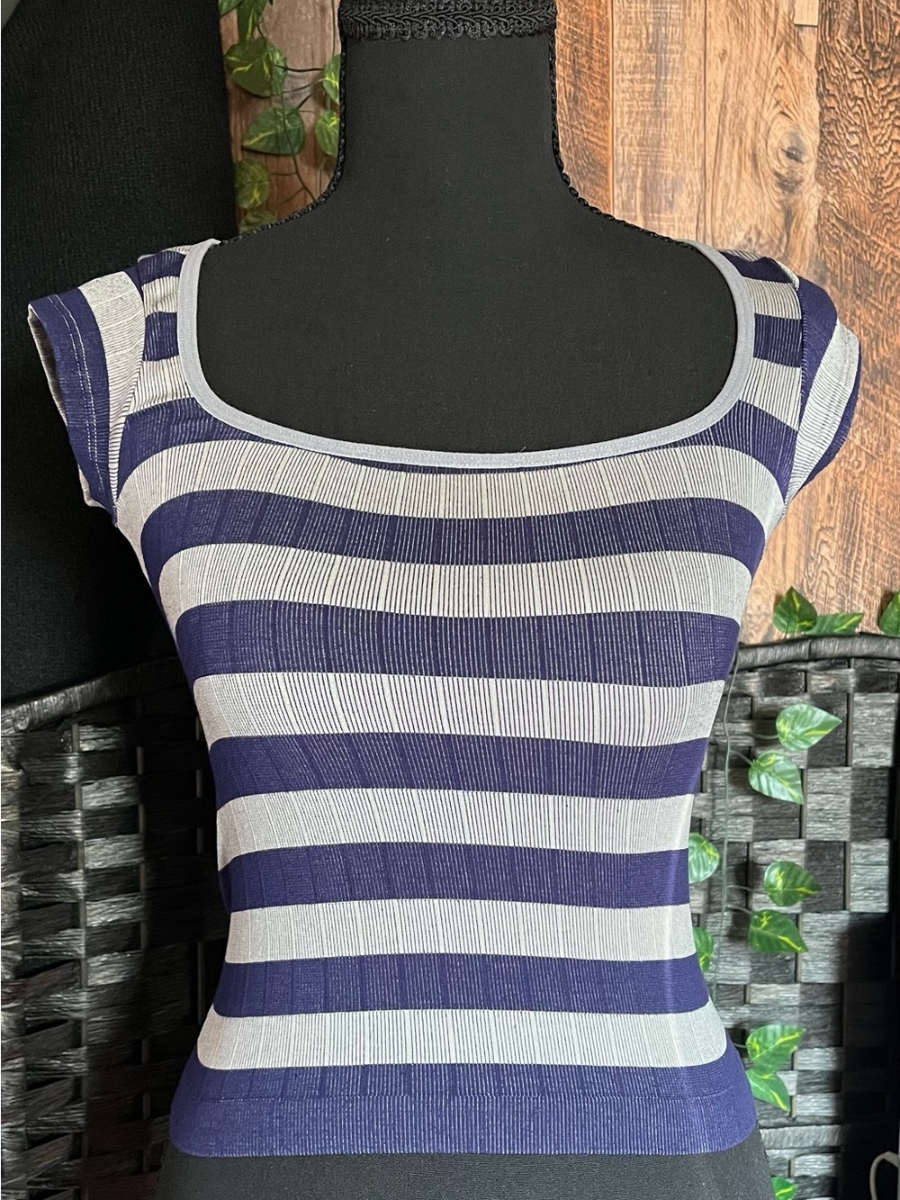 Out From Under Striped Fitted Top Navy Gray Size S